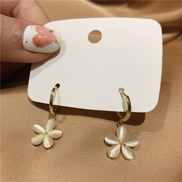 Cat's Eye Stone Five Petal Flower Earrings S925 Silver Needle-Jewearrings