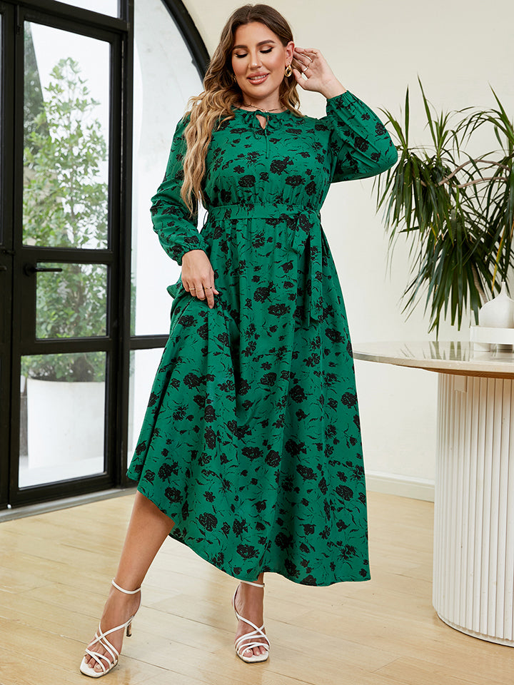 Plus Size Printed Long Sleeve Tie Neck Dress-Jewearrings