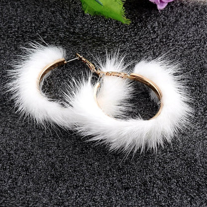 Mink Fur Large Circle Round Ear Hoop Earrings-Jewearrings