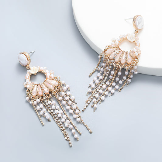 Pearl Tassel Earrings Fashion Women Cross-border Earrings-Jewearrings