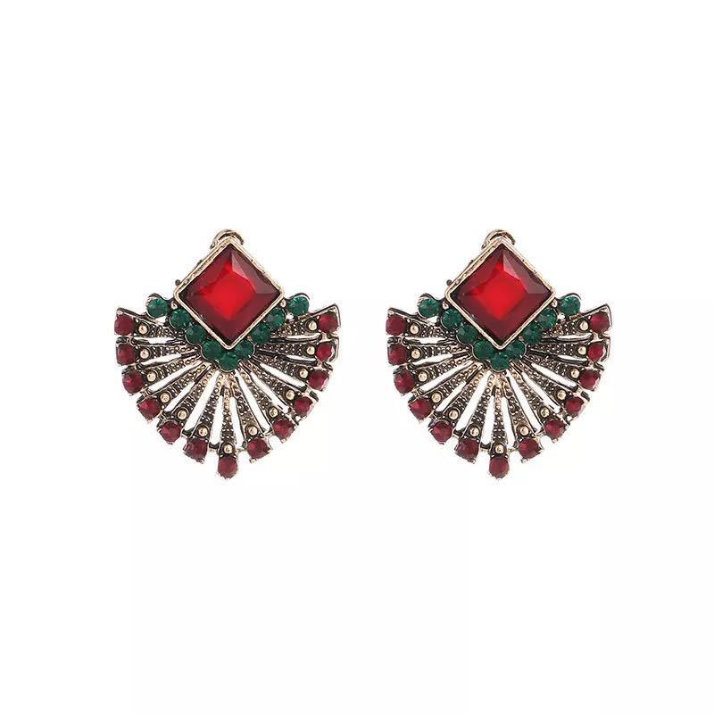 Retro Bohemian Ethnic Ruby Stud Earrings Explosive Fan Shape-Jewearrings