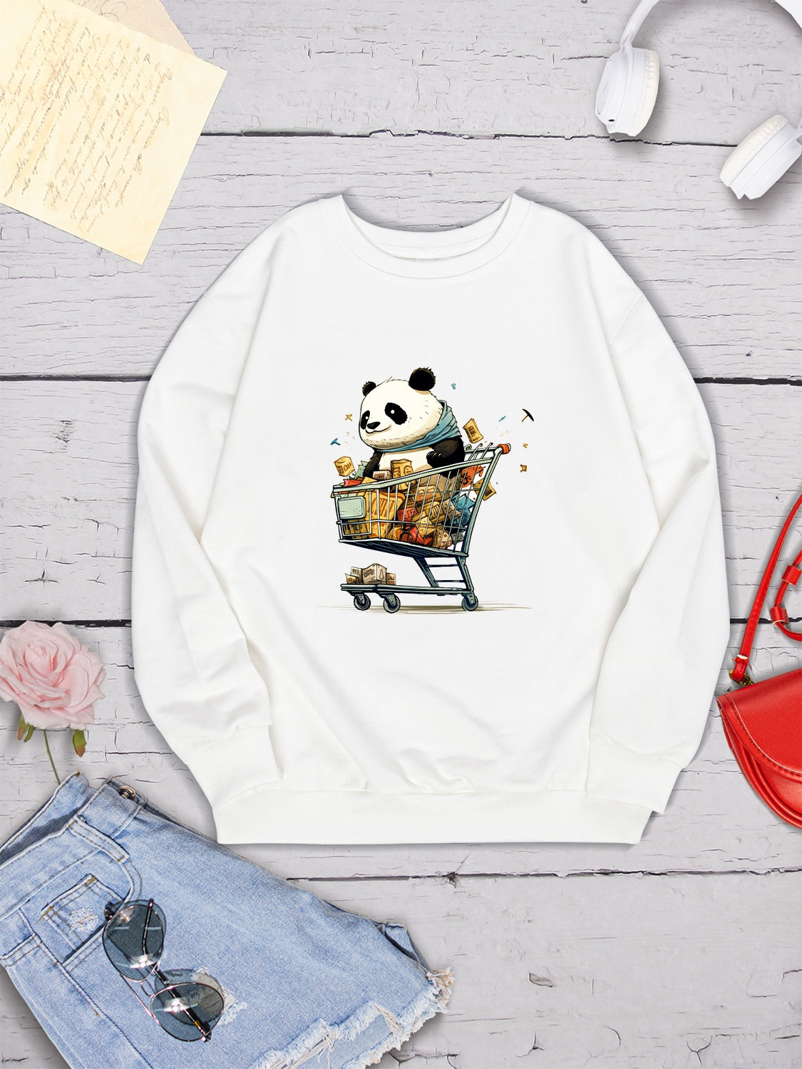 Panda Round Neck Dropped Shoulder Sweatshirt-Jewearrings