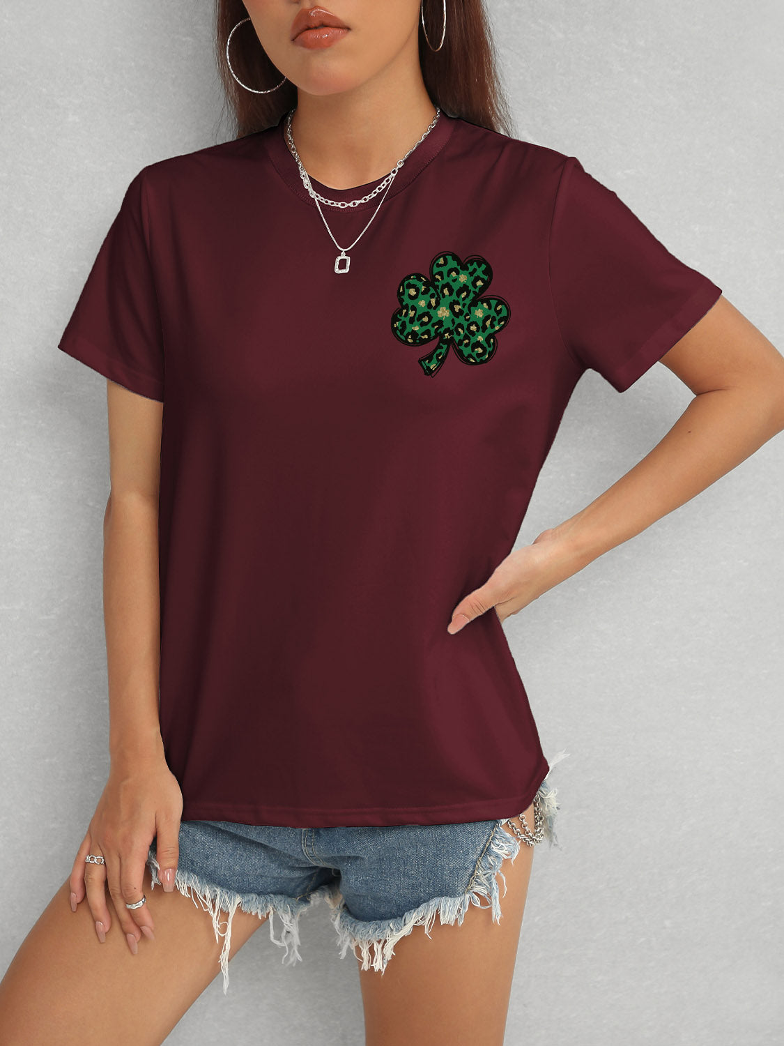 Lucky Clover Round Neck Short Sleeve T-Shirt-Jewearrings