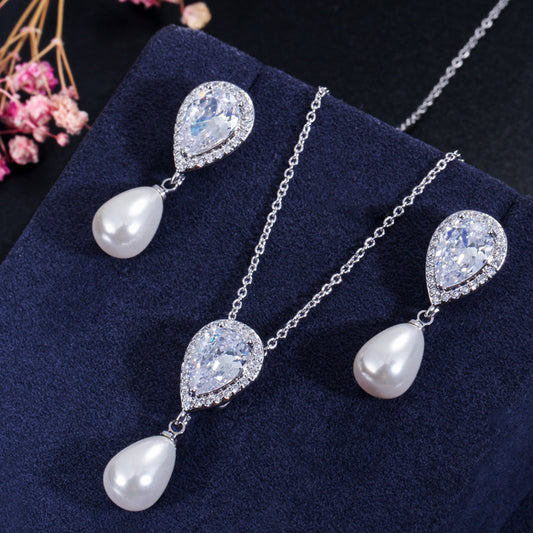 Two-piece Zircon Drop Pearl Pendant Earrings-Jewearrings