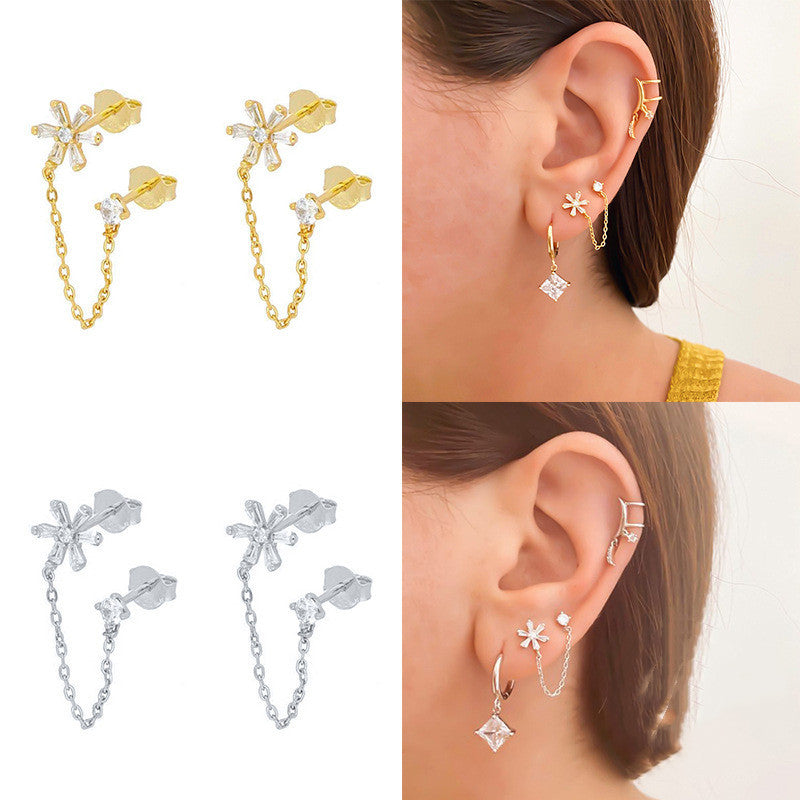 Sterling Silver Geometric Floral Chain Tassel Solitaire Stud Earrings-Jewearrings