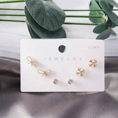 Diamond Gold Small Female Earrings Korean Student Trend Simple Three Pairs Set Earrings-Jewearrings