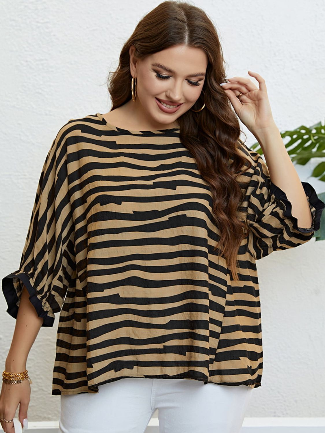 Plus Size Striped Three-Quarter Sleeve Boat Neck Top-Jewearrings