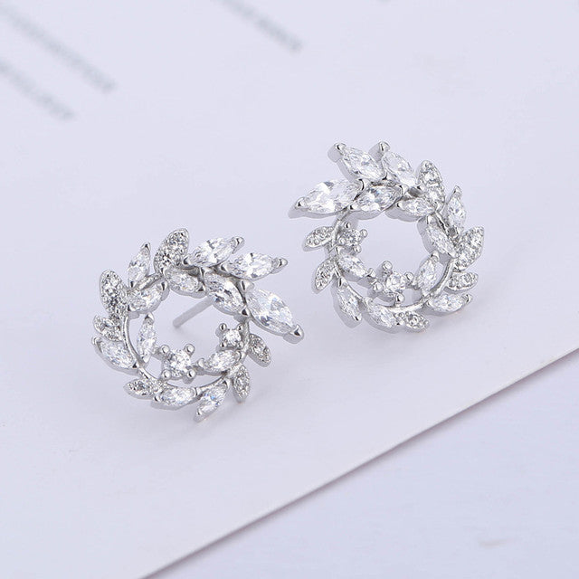 Korean Popular Trendy Leaves Garland Zircon Stud Earrings Simple Artistic-Jewearrings