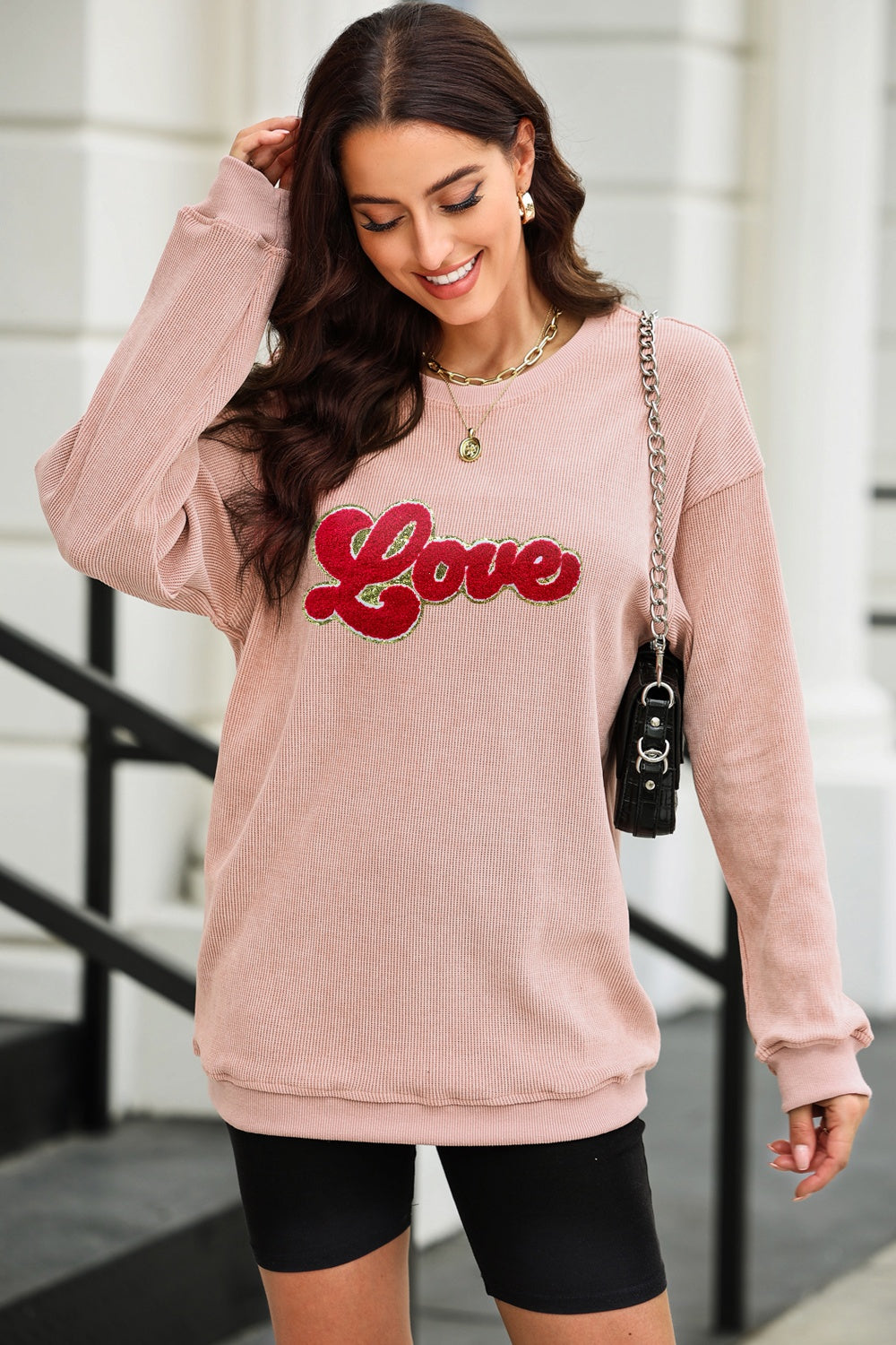 LOVE Round Neck Dropped Shoulder Sweatshirt-Jewearrings