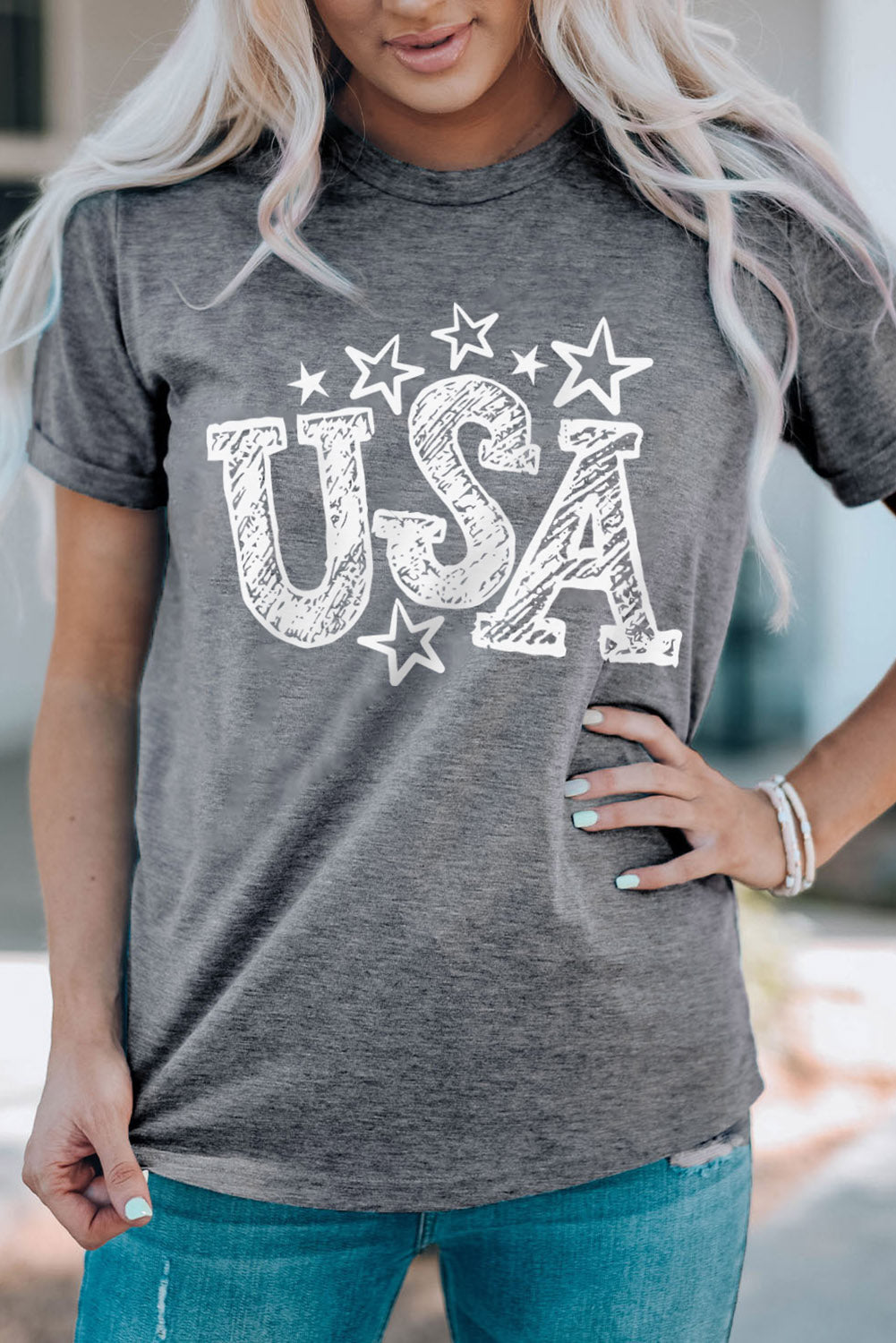 USA Star Graphic Round Neck Tee-Jewearrings