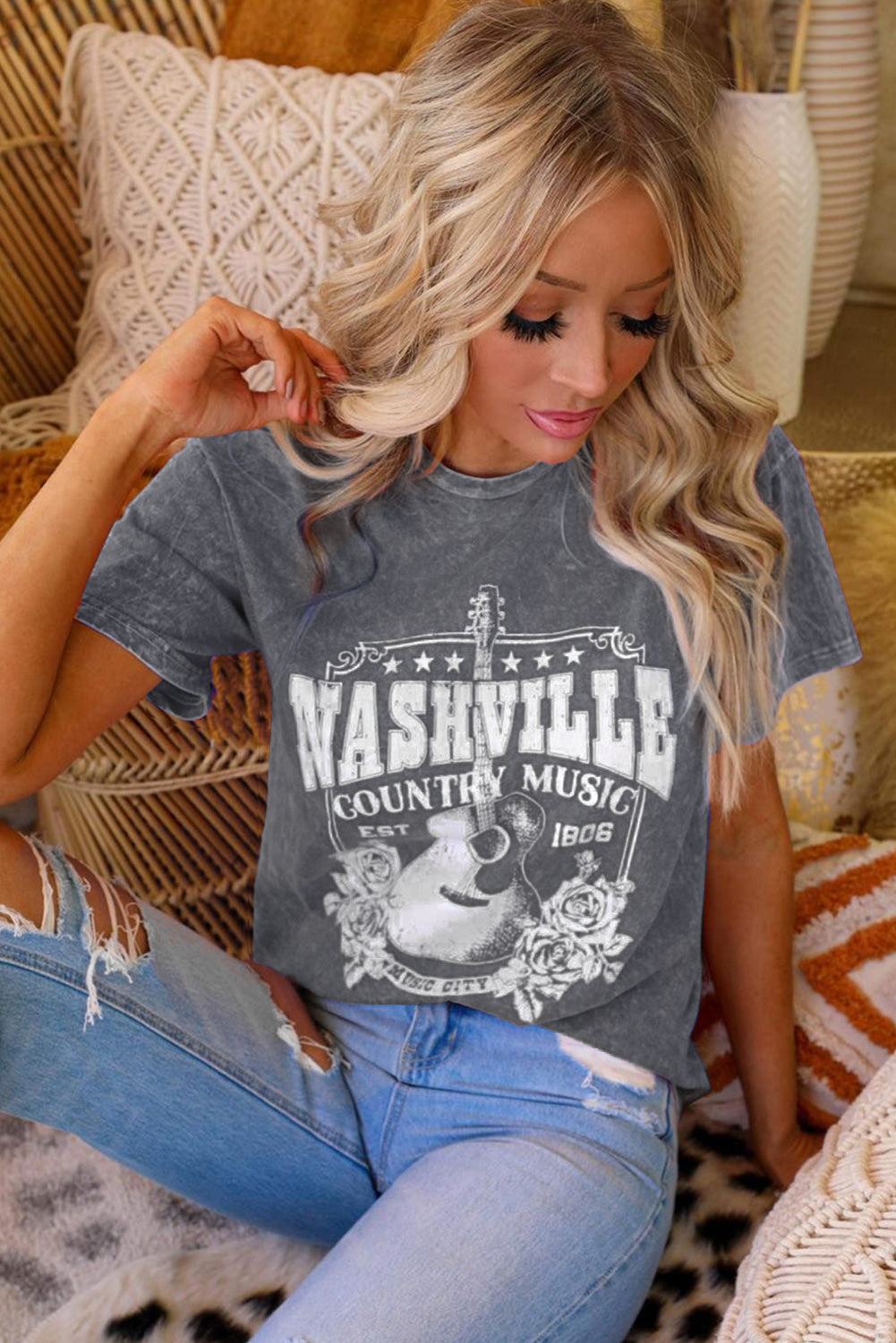 NASHVILLE COUNTRY MUSIC Graphic Round Neck Tee Shirt-Jewearrings