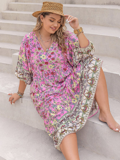 Plus Size Floral V-Neck Balloon Sleeve Midi Dress-Jewearrings