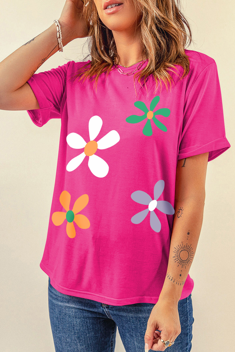 Flower Round Neck Short Sleeve T-Shirt-Jewearrings