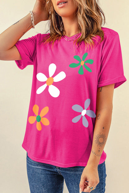 Flower Round Neck Short Sleeve T-Shirt-Jewearrings