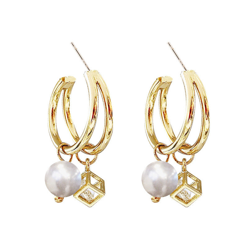 Korean Pearl Zircon Exaggerated Fashion Hoop Earrings-Jewearrings