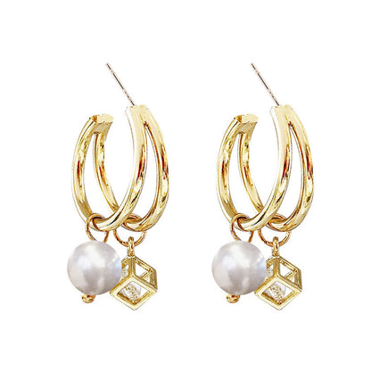 Korean Pearl Zircon Exaggerated Fashion Hoop Earrings-Jewearrings