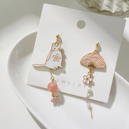 S925 Silver Needle Cat Fan Ukiyo-e Earrings Super Fairy Stud Earrings Female-Jewearrings