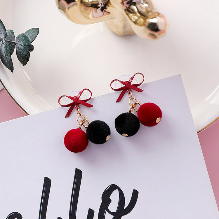 Korean version of the sweet bow velvet small hair ball earrings female temperament hair ball earrings plush autumn and winter new earrings-Jewearrings