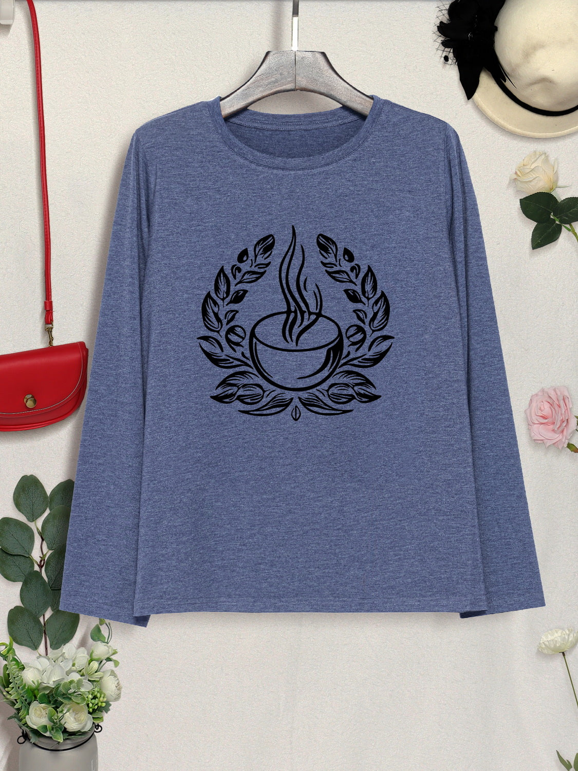 Coffee Graphic Round Neck Long Sleeve T-Shirt-Jewearrings