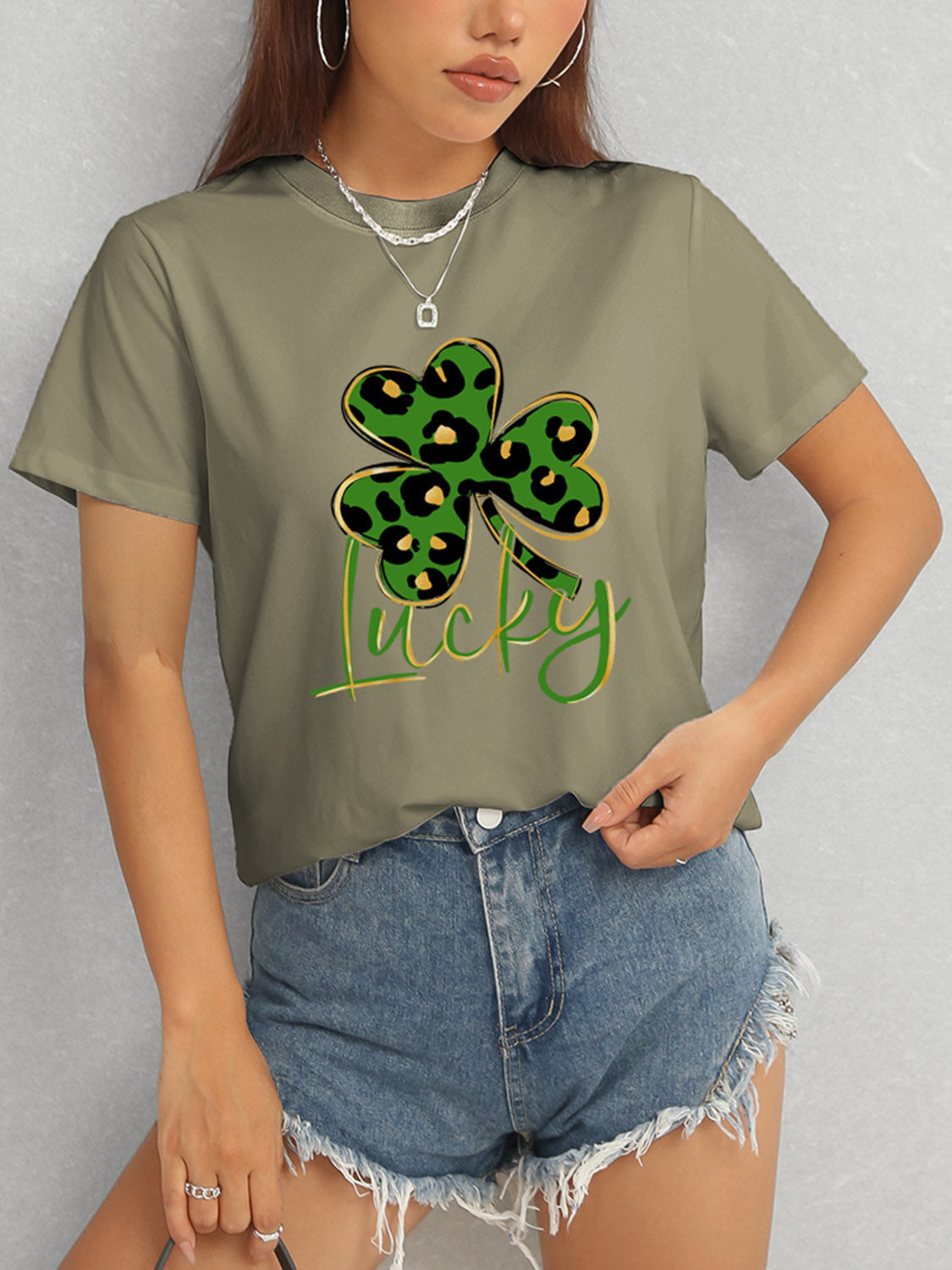 Lucky Clover Round Neck Short Sleeve T-Shirt-Jewearrings