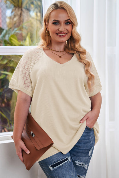 Plus Size Spliced Lace V-Neck Top-Jewearrings