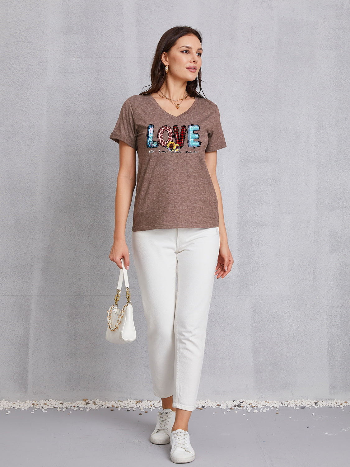 Letter Graphic V-Neck Short Sleeve T-Shirt-Jewearrings