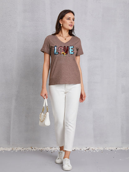 Letter Graphic V-Neck Short Sleeve T-Shirt-Jewearrings