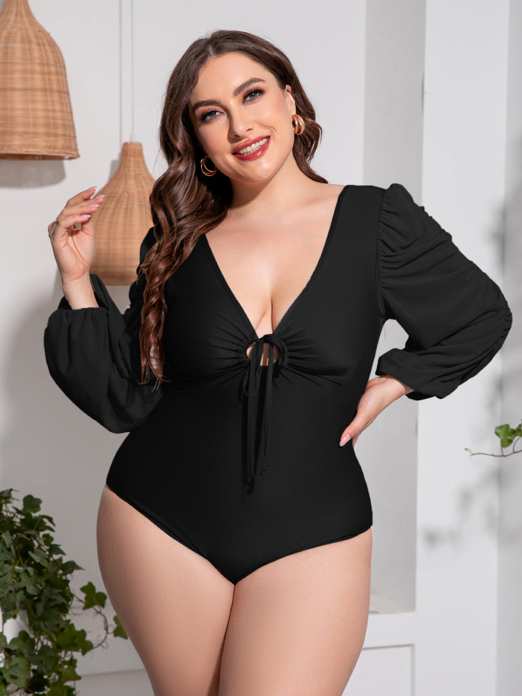 Plus Size Tied Deep V Balloon Sleeve One-Piece Swimsuit-Jewearrings