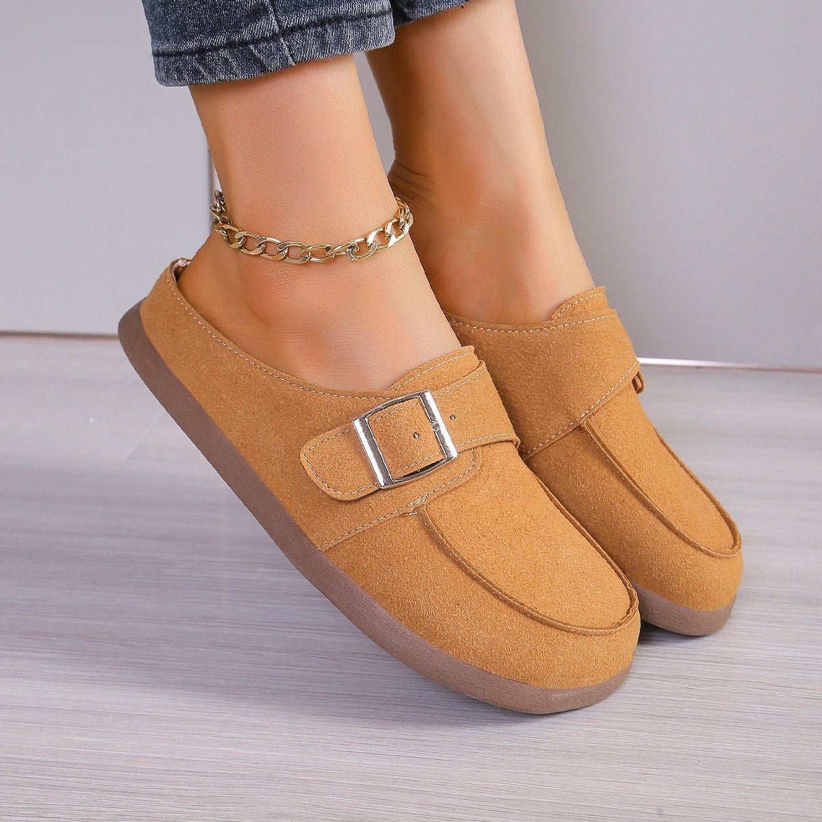 Suede Buckle Round Toe Loafers-Jewearrings