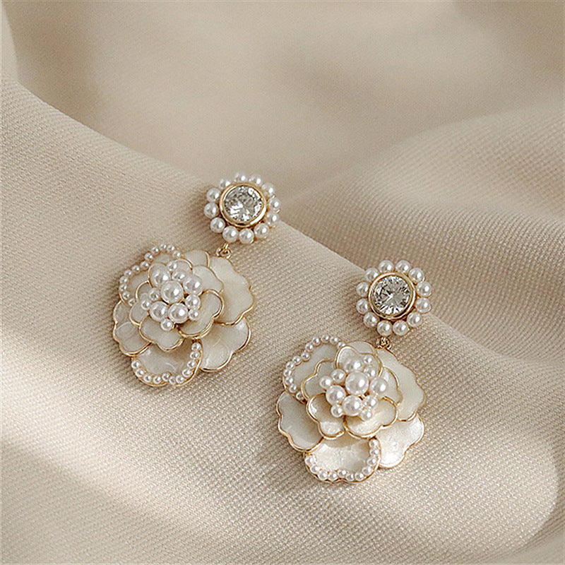 Silver Needle Super Fairy Pearl Camellia Earrings Temperament-Jewearrings