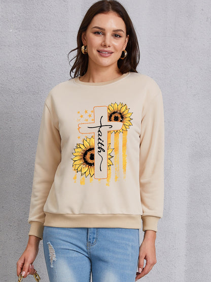 Sunflower Round Neck Dropped Shoulder Sweatshirt-Jewearrings