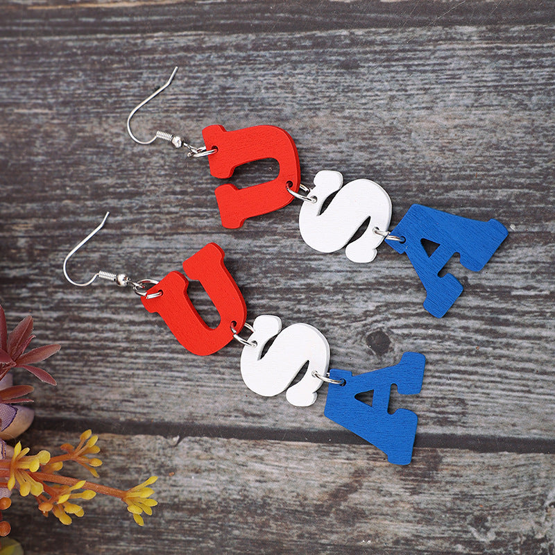 USA Wooden Letter Dangle Earrings-Jewearrings