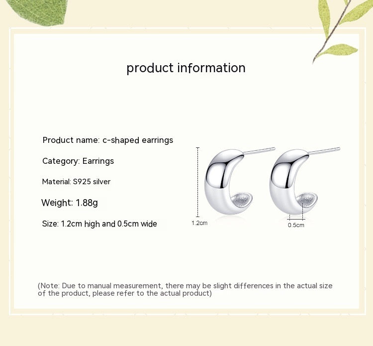 S925 Sterling Silver Glossy C- Shaped Stud Earrings For Women Japanese And Korean Simple Earrings-Jewearrings