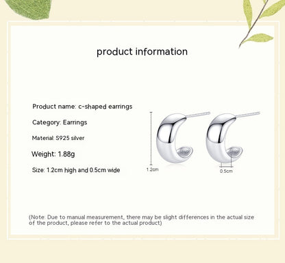 S925 Sterling Silver Glossy C- Shaped Stud Earrings For Women Japanese And Korean Simple Earrings-Jewearrings