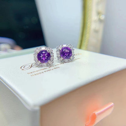 Simple 925 Silver Inlaid Amethyst Stud Earrings-Jewearrings