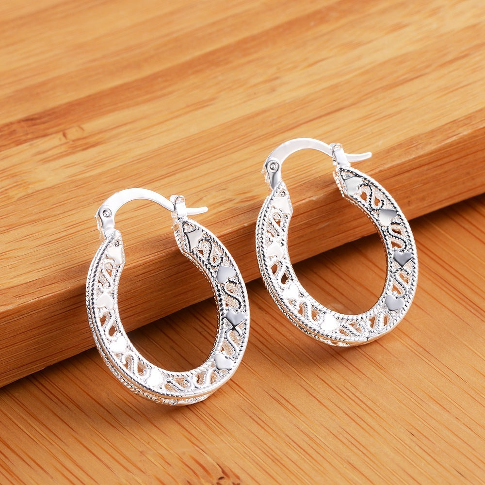 Sterling Silver Hoop Earring Korean Vintage Hollow Heart Party Earrings For Women Wedding Party Jewelry Gift-Jewearrings