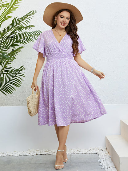 Plus Size Printed Smocked Waist Surplice Dress-Jewearrings