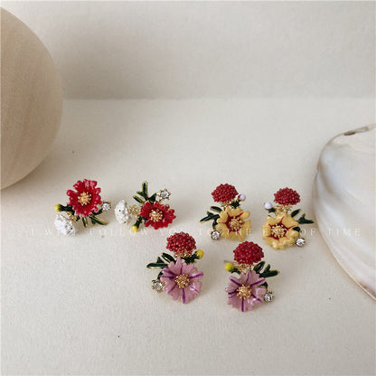 Vintage Sen Colored Glaze Earrings Purple Flower Ball 925 Silver Needle Small Daisy Earrings-Jewearrings