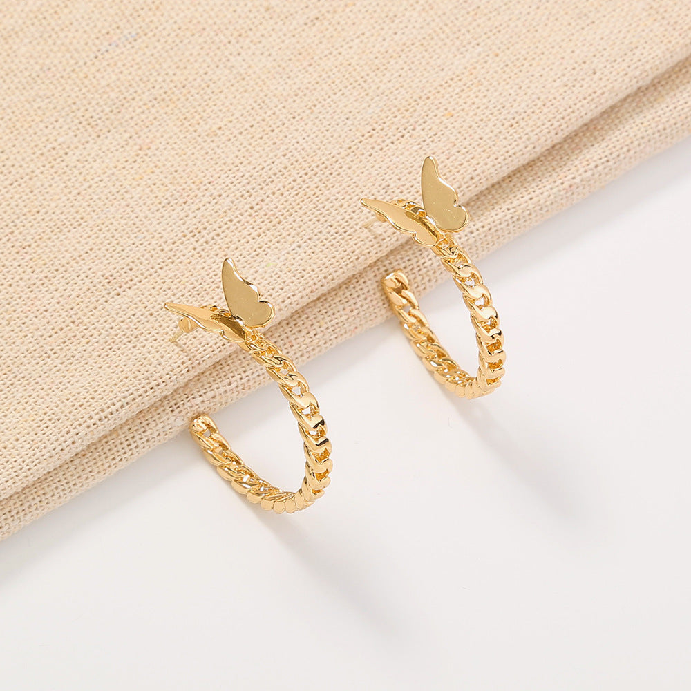 Shang Personality Geometric C-shaped Earrings Punk Metal Butterfly Ear Hoop Earrings-Jewearrings