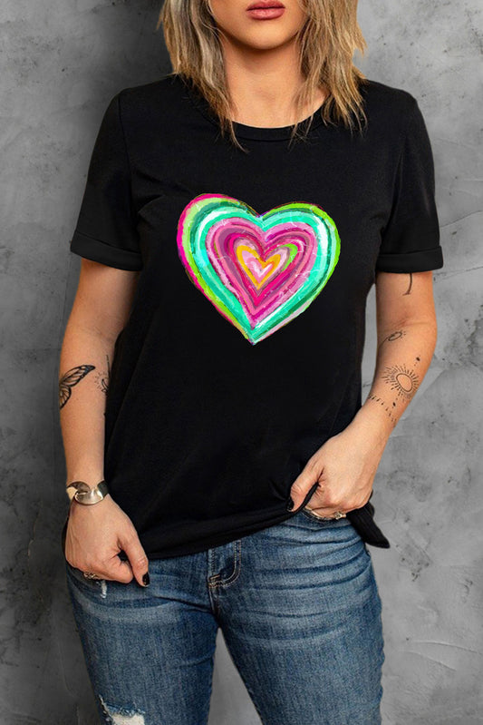 Heart Round Neck Short Sleeve T-Shirt-Jewearrings