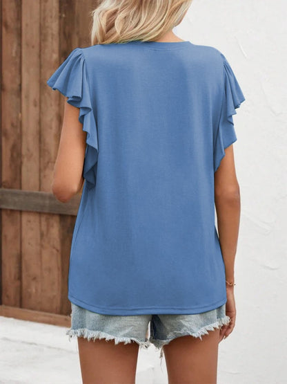 Full Size Ruffled Notched Cap Sleeve T-Shirt-Jewearrings