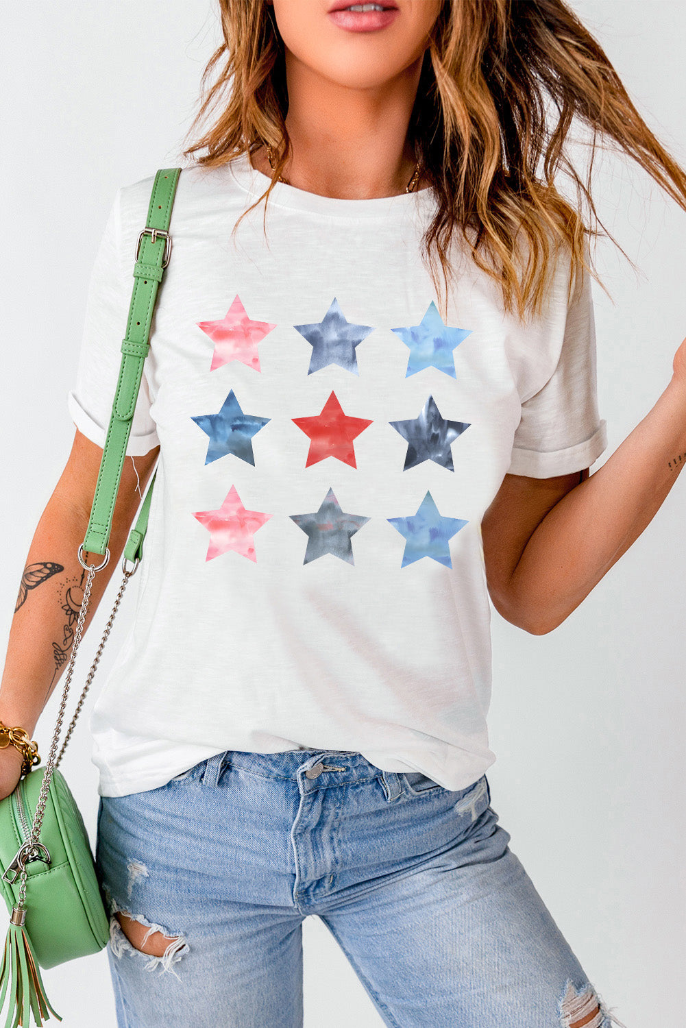 Star Round Neck Short Sleeve T-Shirt-Jewearrings