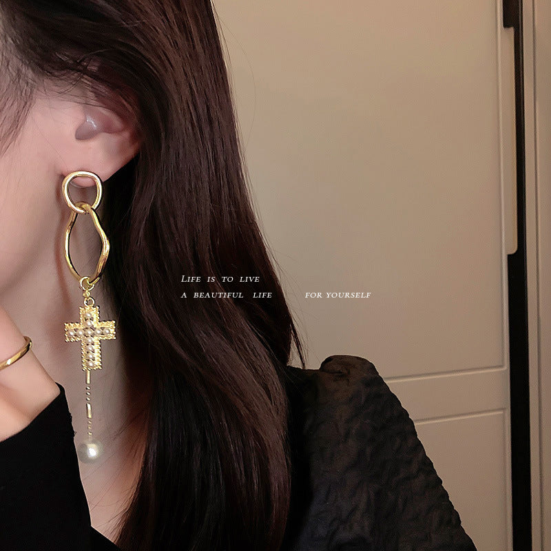 Silver Post Pearl Cross Tassel Geometric Earrings-Jewearrings