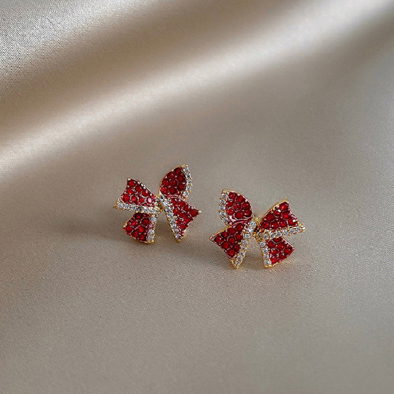 Red Super Flash Bow Stud Earrings Compact-Jewearrings