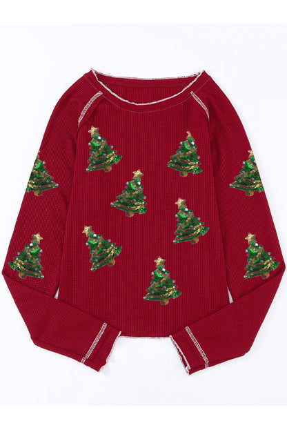 Christmas Tree Sequin Waffle Knit Long Sleeve Sweatshirt-Jewearrings