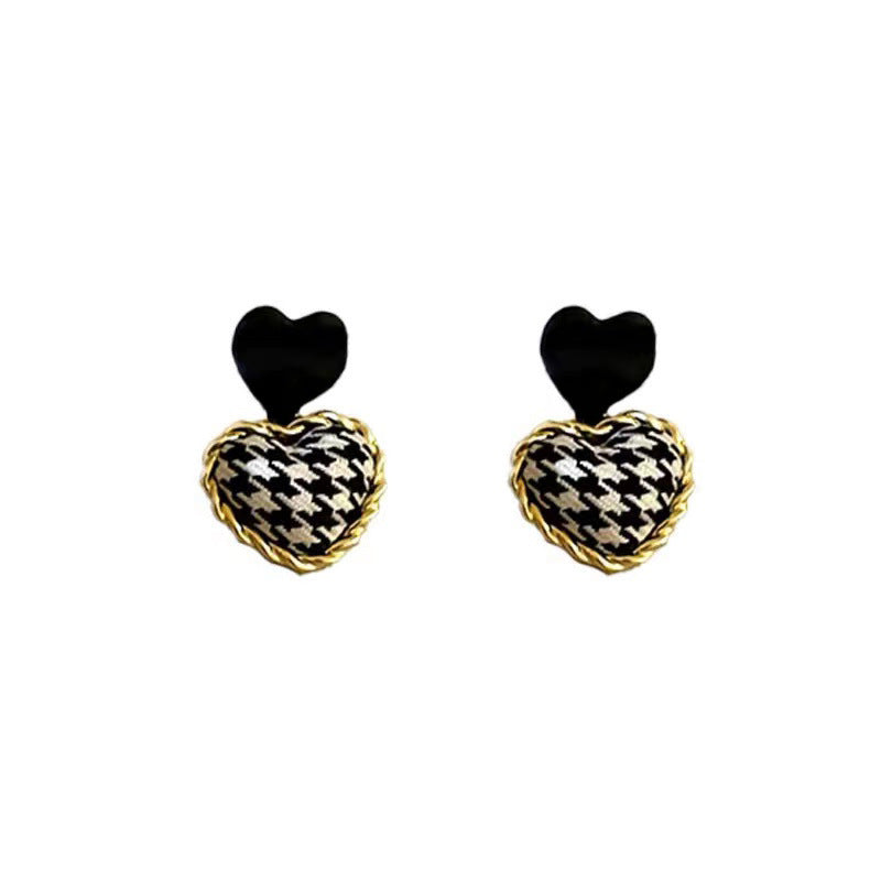 Women's Silver Post Heart Houndstooth Drop Earrings-Jewearrings