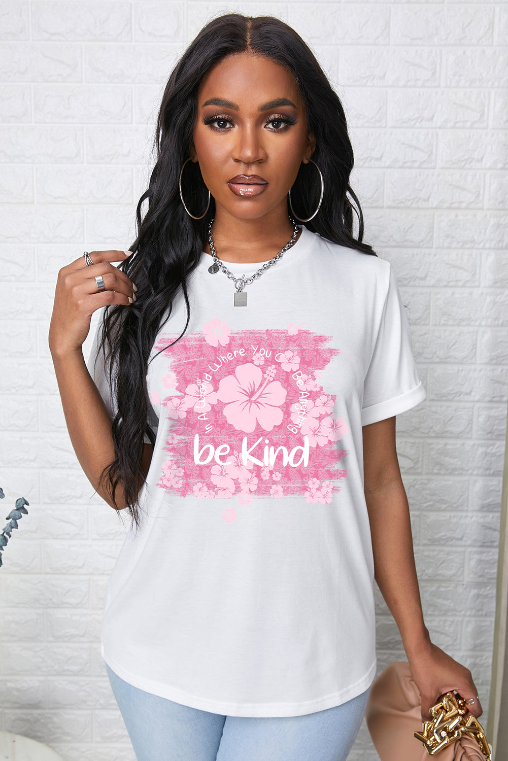 BE KIND Flower Graphic Round Neck Tee-Jewearrings