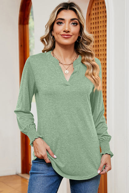 Smocked Notched Long Sleeve T-Shirt-Jewearrings