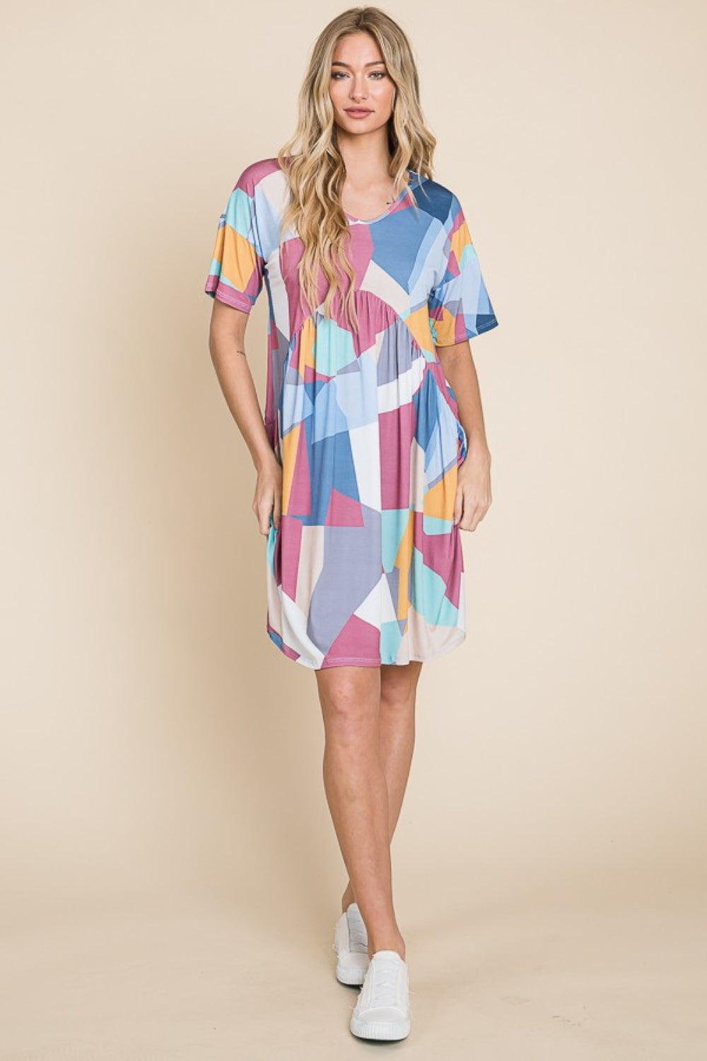 BOMBOM Ruched Color Block Short Sleeve Dress-Jewearrings