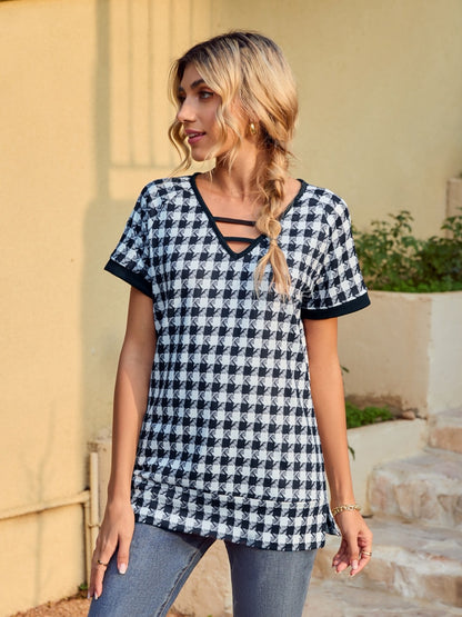 Houndstooth V-Neck Short Sleeve T-Shirt-Jewearrings